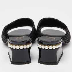  Chanel Black Fabric and Patent Leather Pearl Embellished Slide Sandals Size 38