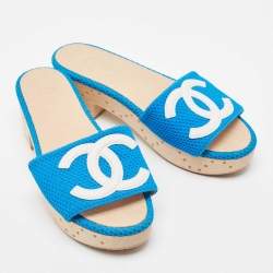 Chanel Blue Canvas Cork Slides Size 36 