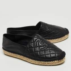 Pre Owned Chanel Black Quilted Leather CC Espadrille Flats Size 37