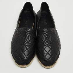 Pre Owned Chanel Black Quilted Leather CC Espadrille Flats Size 37