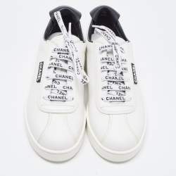 Pre Owned Chanel White/Black Leather Low Top Sneakers Size 39.5