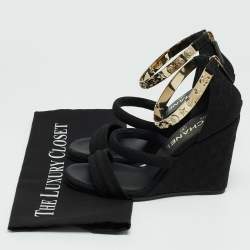 Chanel Black Canvas Logo Lucky Charms Wedge Quilted Pattern Sandals Size 37.5