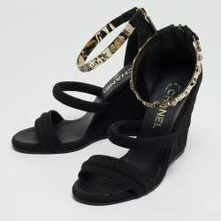 Chanel Black Canvas Logo Lucky Charms Wedge Quilted Pattern Sandals Size 37.5