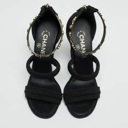 Chanel Black Canvas Logo Lucky Charms Wedge Quilted Pattern Sandals Size 37.5