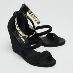 Chanel Black Canvas Logo Lucky Charms Wedge Quilted Pattern Sandals Size 37.5