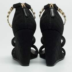 Chanel Black Canvas Logo Lucky Charms Wedge Quilted Pattern Sandals Size 37.5