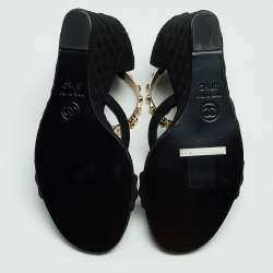 Chanel Black Canvas Logo Lucky Charms Wedge Quilted Pattern Sandals Size 37.5