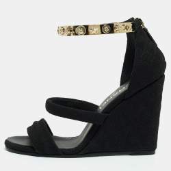 Chanel Black Canvas Logo Lucky Charms Wedge Quilted Pattern Sandals Size 37.5