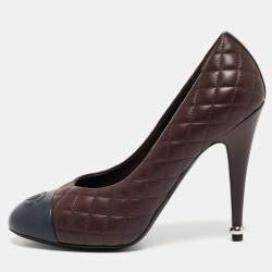 Pre Owned Chanel Burgundy/Navy Blue Quilted Leather CC Cap Toe Pumps Size 38.5