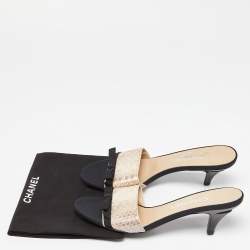 Chanel Metallic/Black Python and Fabric Bow CC Slide Sandals Size 38.5