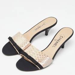 Chanel Metallic/Black Python and Fabric Bow CC Slide Sandals Size 38.5
