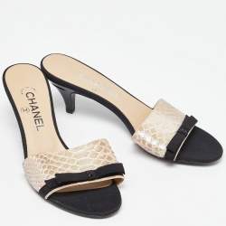 Chanel Metallic/Black Python and Fabric Bow CC Slide Sandals Size 38.5