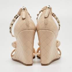 Chanel Beige Quilted Leather Charm Embellished Ankle Cuff Wedge Sandals Size 39