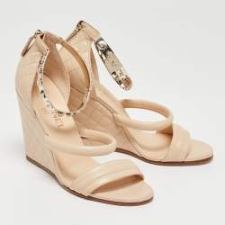 Chanel Beige Quilted Leather Charm Embellished Ankle Cuff Wedge Sandals Size 39