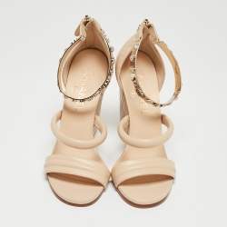 Chanel Beige Quilted Leather Charm Embellished Ankle Cuff Wedge Sandals Size 39