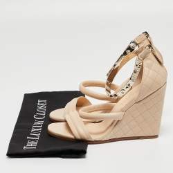 Chanel Beige Quilted Leather Charm Embellished Ankle Cuff Wedge Sandals Size 39