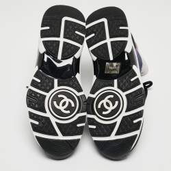 Pre Owned Chanel Navy Blue Suede and Leather Interlocking CC Logo Sock Sneakers Size 38