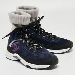 Pre Owned Chanel Navy Blue Suede and Leather Interlocking CC Logo Sock Sneakers Size 38
