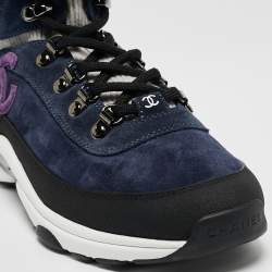 Pre Owned Chanel Navy Blue Suede and Leather Interlocking CC Logo Sock Sneakers Size 38