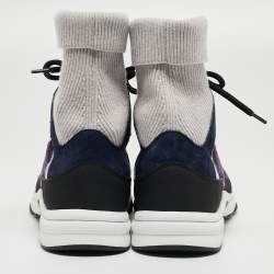 Pre Owned Chanel Navy Blue Suede and Leather Interlocking CC Logo Sock Sneakers Size 38