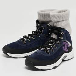 Pre Owned Chanel Navy Blue Suede and Leather Interlocking CC Logo Sock Sneakers Size 38