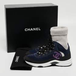 Pre Owned Chanel Navy Blue Suede and Leather Interlocking CC Logo Sock Sneakers Size 38