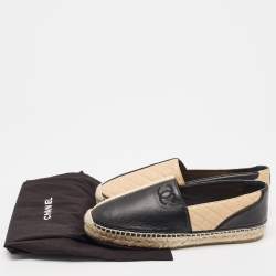 Pre Owned Chanel Beige/Black Quilted Leather CC Espadrille Size 41