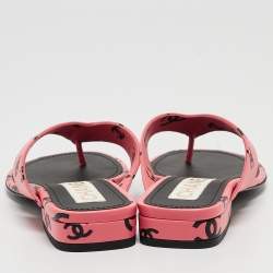 Pre Owned Chanel Pink/Black CC Print Leather Thong Sandals Size 36