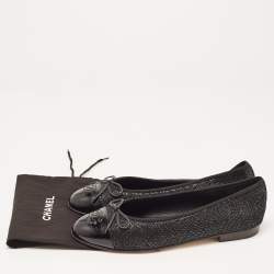 Pre Owned Chanel Black Metallic Suede and Patent Leather CC Cap Toe Bow Ballet Flats Size 42