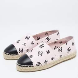Chanel Pink/Black CC Print Leather Espadrille Flats Size 41