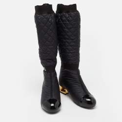 Pre Owned Chanel Black Nylon and Patent Leather Interlocking CC Knee High Sock Boots Size 38.5