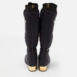 Pre Owned Chanel Black Nylon and Patent Leather Interlocking CC Knee High Sock Boots Size 38.5