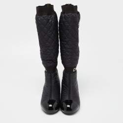 Pre Owned Chanel Black Nylon and Patent Leather Interlocking CC Knee High Sock Boots Size 38.5