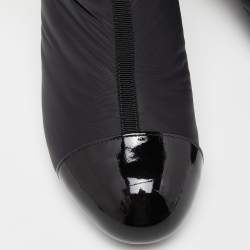 Pre Owned Chanel Black Nylon and Patent Leather Interlocking CC Knee High Sock Boots Size 38.5