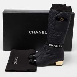 Pre Owned Chanel Black Nylon and Patent Leather Interlocking CC Knee High Sock Boots Size 38.5