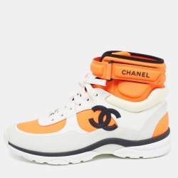 Pre Owned Chanel Neon Orange/White Neoprene and Leather CC High Top Sneakers Size 40.5
