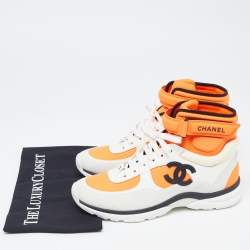 Pre Owned Chanel Neon Orange/White Neoprene and Leather CC High Top Sneakers Size 40.5