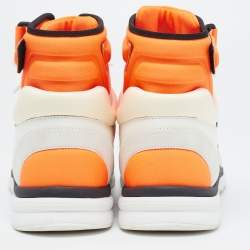 Pre Owned Chanel Neon Orange/White Neoprene and Leather CC High Top Sneakers Size 40.5