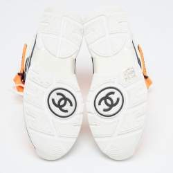 Pre Owned Chanel Neon Orange/White Neoprene and Leather CC High Top Sneakers Size 40.5