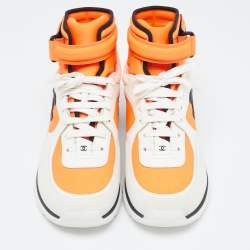Pre Owned Chanel Neon Orange/White Neoprene and Leather CC High Top Sneakers Size 40.5