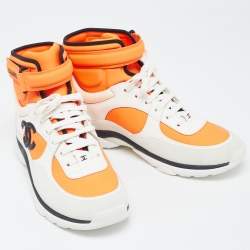 Pre Owned Chanel Neon Orange/White Neoprene and Leather CC High Top Sneakers Size 40.5
