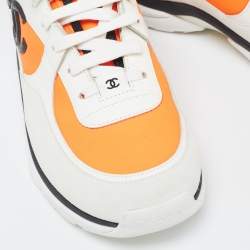 Pre Owned Chanel Neon Orange/White Neoprene and Leather CC High Top Sneakers Size 40.5