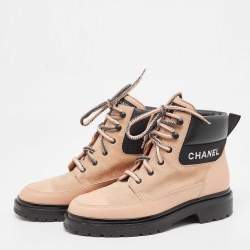 Chanel Pink/Black Leather and Suede Lace Up Ankle Boots Size 41