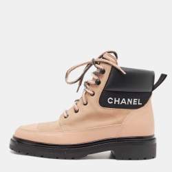 Chanel Pink/Black Leather and Suede Lace Up Ankle Boots Size 41