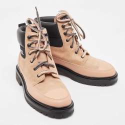 Chanel Pink/Black Leather and Suede Lace Up Ankle Boots Size 41