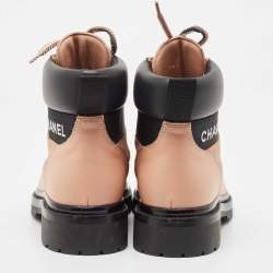Chanel Pink/Black Leather and Suede Lace Up Ankle Boots Size 41