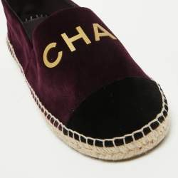Pre Owned Chanel Burgundy/Black Velvet Logo Detail Cap Toe Espadrilles Size 39