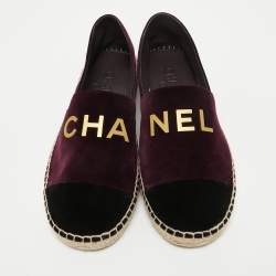 Pre Owned Chanel Burgundy/Black Velvet Logo Detail Cap Toe Espadrilles Size 39