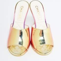Chanel Multicolor Mirror Leather CC Wedge Open Toe Slide Sandals Size 38