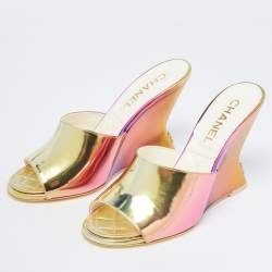 Chanel Multicolor Mirror Leather CC Wedge Open Toe Slide Sandals Size 38